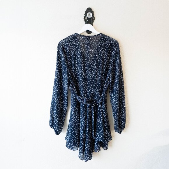 Relipop Navy Blue Floral Romper Dress Size XL Long Sleeve V-Neck Ruffle Hem - Picture 6 of 8